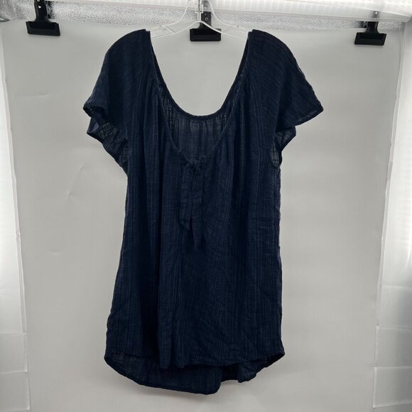 Kona Sol Women's Short Sleeve Textured Top Navy Size Medium Lightweight Tie Neck - Picture 7 of 8